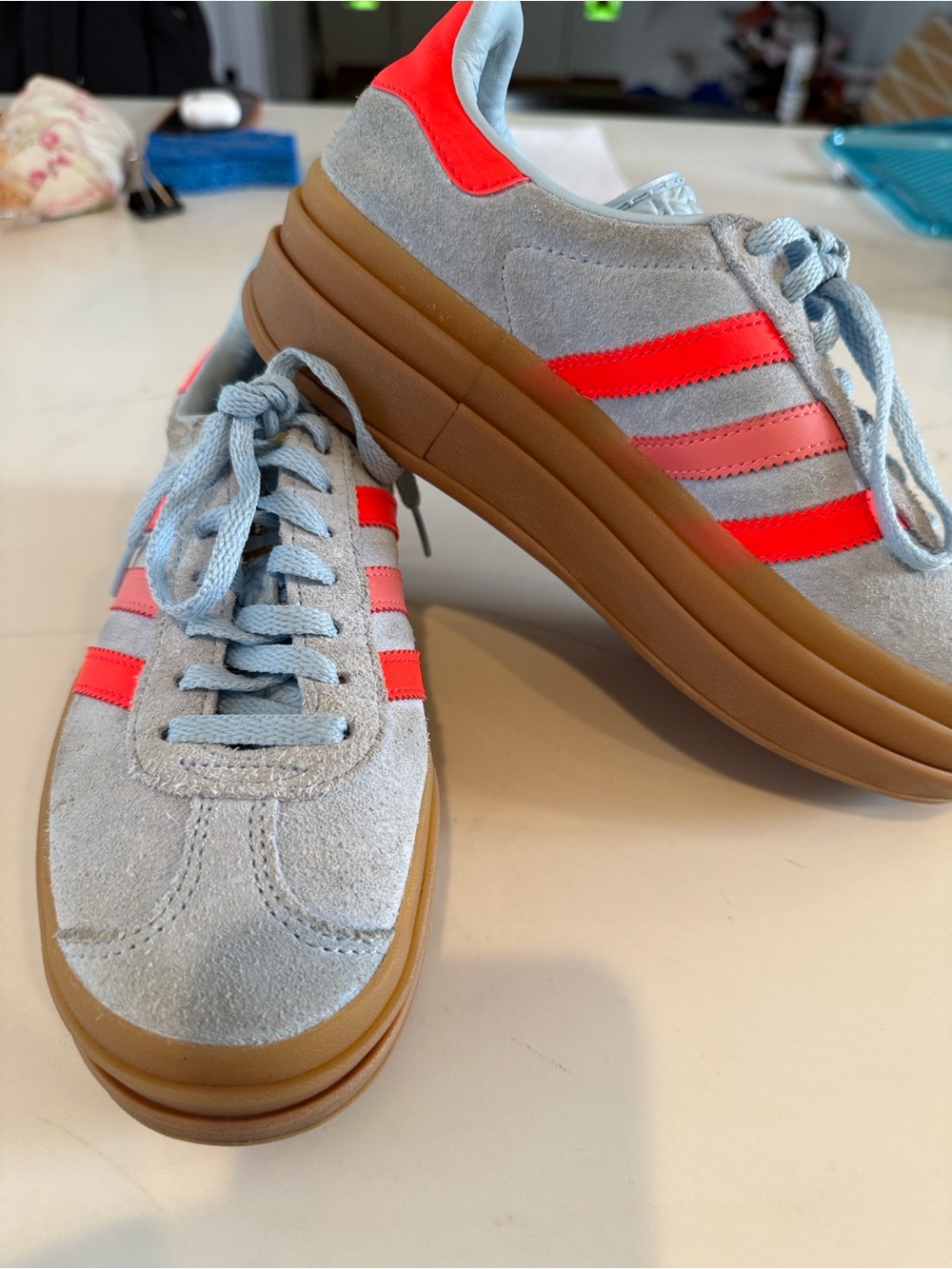 adidas Kids Light Blue Suede Sneakers with Coral Stripes